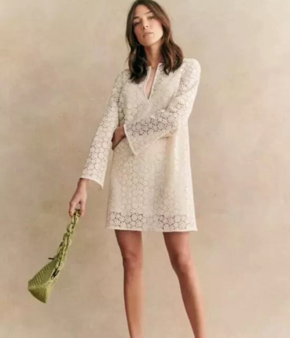 Sezane Enza Cream Lace Flare Sleeve Mini Dress NWT Size 38 / 6